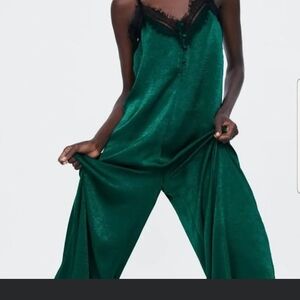 Zara Green Jumpsuit with Black Lace Trim